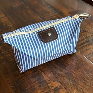 Blue White Striped Canvas Makeup Bag Travel Organizer Toiletry Cosmetic Pouch
